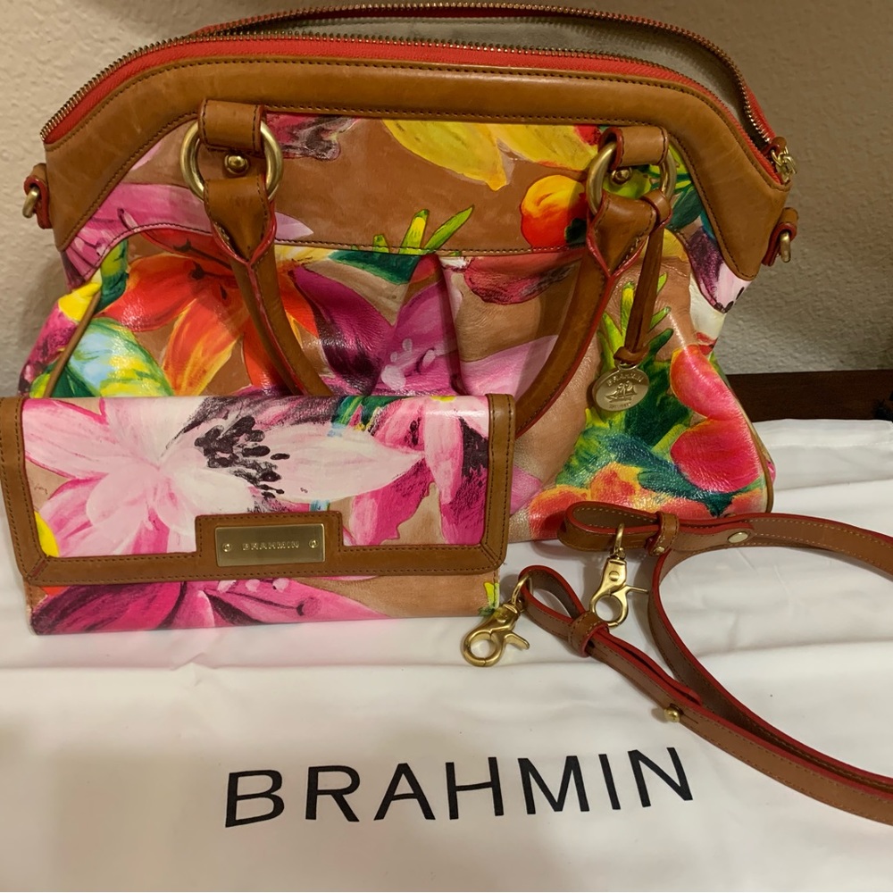 Vintage Brahmin Louise Rose Pink Tropical Floral handbag and matching wallet.